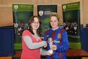 29 January 2011; Ann-Marie Russell, UL, is presented with the Player of the Tournament award by WSCAI Chairperson Aoife Kelliher. Womens Soccer Colleges Association of Ireland National Futsal Final, University of Limerick, Limerick. Picture credit: Diarmuid Greene / SPORTSFILE