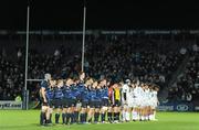 10 February 2011; The players from Leinster and Aironi stand for a minute's silence in memory of the victims of the Cork air crash earlier in the day. Celtic League, Leinster v Aironi, RDS, Ballsbridge, Dublin. Picture credit: Brendan Moran / SPORTSFILE