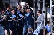 2 October 2016; Dublin captain Stephen Cluxton brings the Sam Maguire cup onto the stage during the All-Ireland Champions Homecoming at Smithfield Square in Dublin. Photo by Sam Barnes/Sportsfile