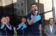 2 October 2016; Dublin's Cormac Costello sings a song during the All-Ireland Champions Homecoming at Smithfield Square in Dublin. Photo by Piaras Ó Mídheach/Sportsfile