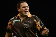 2 October 2016; Adrian Lewis celebrates hitting 180 against Jelle Klaasen during the PDC World Grand Prix at the CityWest Hotel, Saggart, Co. Dublin. Photo by Seb Daly/Sportsfile