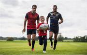 4 October 2016; Conor Murray of Munster and Rob Kearney of Leinster with Sam Whelan, age 5, at the Bank of Ireland Sponsor for a Day launch at Carton House, Maynooth in Co. Kildare. The unique competition provides two businesses with the chance to have their logo on the front of the Munster and Leinster Rugby teams jersey for a day at a European Rugby Champions Cup match. The panel of judges include: Declan Galvin, Head of Small Business at Bank of Ireland, Paul Dermody Head of Commercial and Marketing for Leinster Rugby, and Enda Lynch, Head of Commercial and Marketing for Munster Rugby. Companies can enter the competition online at www.bankofireland.com/sponsorforaday from today until the closing date of Friday, 4 November 2016. Photo by Brendan Moran/Sportsfile