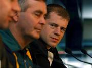 11 October 2001; Ireland captain Anthony Tohill, right, and manager Brian McEniff listen to Australian manager Garry Lyon  during the Press Conference in preparation for the Foster's International Rules game Australia v Ireland. MCG, ( Melbourne Cricket Ground ), Melbourne, Australia. Aust2001. Picture credit; Ray McManus / SPORTSFILE *EDI*