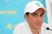 15 February 2011; Spanish cyclist and three-time winner of the Tour de France Alberto Contador pictured during an Astana pre-season press conference in 2008. The Spanish cycling federation's Disciplinary Committee today acquitted Alberto Contador, now riding for Saxo Bank Sungard, of charges that he doped during the Tour de France last summer. The Committee had earlier issued a recommendation that Contador be suspended for one year after testing positive for Clenbuterol. However, he appealed that decision, and cited an article of the International Cycling Union's (UCI) doping regulations which says that a suspension can be eliminated if the rider has no fault or negligence. The Spaniard claims to have ingested the illegal doping product by unknowingly eating contaminated meat. Picture credit: Stephen McMahon / SPORTSFILE