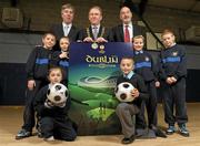 18 February 2011; Chief Executive of the FAI John Delaney, left, Lord Mayor of Dublin Councillor Gerry Breen and Philip Maguire, right, Deputy Dublin City Manager, Dublin, with St Malachy's National School students, from left, Ben O'Reilly, Caitlin Mooney, Jessica Ziu, Jordan Kennedy, Aoife Valentine and Eric Monaghan, at the FAI and DCC launch of the Community Grassroots competition in the build up to UEFA Europa League Final. St Malachy's National School, Rivermount, Finglas, Co. Dublin. Photo by Sportsfile