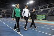 18 February 2011; Athletes Colin Griffin, 5000m Walk with reigning Women's Pole Vault champion Claire Wilkinson, left, and Ciara Mageean, 1500m, in the Odyssey Arena ahead of the AAI Senior Indoor Athletics Championships. Odyssey Arena, Belfast, Co. Antrim. Picture credit: Brendan Moran / SPORTSFILE