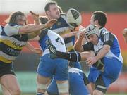 19 February 2011; Duncan Williams, Cork Constitution, has his kick blcked down by Dave Ryan, Dolphin. Ulster Bank League Division 1A, Dolphin v Cork Constitution, Musgrave Park, Cork. Picture credit: Diarmuid Greene / SPORTSFILE