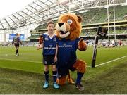 8 October 2016; Matchday mascot Jack Caffrey, age 10, from Kilpedder, Co. Wickow, with Leo the Lion at the Guinness PRO12 Round 6 match between Leinster and Munster at the Aviva Stadium in Lansdowne Road, Dublin. Photo by Seb Daly/Sportsfile