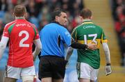 20 February 2011; Referee Maurice Deegan with Colm Cooper, Kerry, and Tom Cunniffe, Mayo, during the match. Allianz Football League, Division 1 Round 2, Mayo v Kerry, McHale Park, Castlebar, Co. Mayo. Picture credit: Brian Lawless / SPORTSFILE