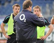 23 February 2011; Ireland's Tommy Bowe, left, and Luke Fitzgerald listen to forwards coach Gert Smal during squad training ahead of their RBS Six Nations Rugby Championship match against Scotland on Sunday. Ireland Rugby Squad Training, RDS, Ballsbridge, Dublin. Picture credit: Brendan Moran / SPORTSFILE