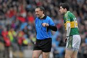 20 February 2011; Referee Maurice Deegan with Kerry's David Geaney. Allianz Football League, Division 1 Round 2, Mayo v Kerry, McHale Park, Castlebar, Co. Mayo. Picture credit: Brian Lawless / SPORTSFILE