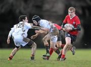7 February 2011; Gary Power, CUS, evades the tackle of Daire Henderson, Presentation College Bray. Fr Godfrey Cup Quarter-Final Replay, CUS v Presentation College Bray, St. Columba’s College, Whitechurch, Dublin. Picture credit: Stephen McCarthy / SPORTSFILE
