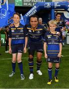 15 October 2016; Leinster mascot Mark Canniffe, left, from Ballsbridge, Dublin, and Harry Phelan, from Blackrock, Dublin, with Leinster captain Isa Nacewa ahead of the European Rugby Champions Cup Pool 4 Round 1 match between Leinster and Castres at the RDS Arena in Dublin. Photo by Brendan Moran/Sportsfile