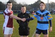 3 March 2011; Referee Joe McQuillan with Stephen Gilmartin, NUIG, and Stephen Ormsby, UCD. Ulster Bank Sigerson Cup Football Quarter-Final, UCD v NUIG, Castle Pitch, UCD, Belfield, Dublin. Picture credit: Matt Browne / SPORTSFILE