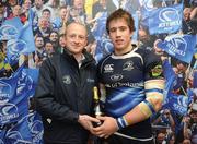 4 March 2011; Dominic Ryan, Leinster, is presented with the Man of the Match by Peter Strahan, CEO, Lantech IT Services, after the Leinster v Scarlets match. Celtic League, Leinster v Scarlets, RDS, Ballsbridge, Dublin. Picture credit: Stephen McCarthy / SPORTSFILE