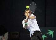 5 March 2011; James McGee, Ireland, in action against Laurent Bram and Gilles Muller, Luxembourg. Davis Cup - Group II Europe / Africa 1st Round, Ireland v Luxembourg, David Lloyd Riverview Lawn Tennis Club, Dublin. Picture credit: Barry Cregg / SPORTSFILE