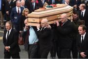 21 October 2016; Former Munster players, from left, Peter Clohessy, Keith Wood, John Hayes and Munster captain Peter O'Mahony carry the coffin of Munster Rugby head coach Anthony Foley leaves the St. Flannan’s Church, Killaloe, Co Clare. The Shannon club man, with whom he won 5 All Ireland League titles, played 202 times for Munster and was capped for Ireland 62 times, died suddenly in Paris on November 16, 2016 at the age of 42. Photo by Stephen McCarthy/Sportsfile