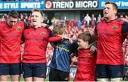 22 October 2016; The sons of the late Munster Rugby head coach Anthony Foley, Tony and Dan, along with Munster players, from left, Ronan O'Mahony, Rory Scannell, and CJ Stander, sing 'Stand Up and Fight' on the pitch after the European Rugby Champions Cup Pool 1 Round 2 match between Munster and Glasgow Warriors at Thomond Park in Limerick. The Shannon club man, with whom he won 5 All Ireland League titles, played 202 times for Munster and was capped for Ireland 62 times, died suddenly in Paris on November 16, 2016 at the age of 42. Photo by Brendan Moran/Sportsfile