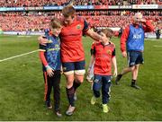 22 October 2016; The sons of the late Munster Rugby head coach Anthony Foley, Tony, left, and Dan, join CJ Stander, and the rest of the squad on the field to sing 'Stand Up and Fight' after the European Rugby Champions Cup Pool 1 Round 2 match between Munster and Glasgow Warriors at Thomond Park in Limerick. The Shannon club man, with whom he won 5 All Ireland League titles, played 202 times for Munster and was capped for Ireland 62 times, died suddenly in Paris on November 16, 2016 at the age of 42. Photo by Seb Daly/Sportsfile