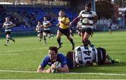 22 October 2016; Barry Daly of Leinster A scores a try despite the tackle from Jimmy Stephenson of Nottingham Rugby during the British & Irish Cup Pool 4 match between Leinster A and Nottingham Rugby at Donnybrook Stadium in Donnybrook, Dublin. Photo by Matt Browne/Sportsfile