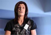 22 October 2016; Westmeath ladies footballer and international rugby player Lauralee Walsh speaks as part of a panel discussion during the 2016 GAA Health & Wellbeing Conference at Croke Park in Dublin. Photo by Cody Glenn/Sportsfile