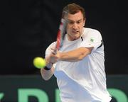 6 March 2011; Conor Niland, Ireland, in action against Gilles Muller, Luxembourg. Davis Cup - Group II Europe / Africa 1st Round, Ireland v Luxembourg, David Lloyd Riverview Lawn Tennis Club, Dublin. Picture credit: Ray Lohan / SPORTSFILE