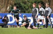 8 March 2011; Tom Brady, Newbridge College, goes over to score his side's second try. Powerade Schools Junior Cup 2nd Round, Newbridge College v Belvedere College SJ, Lakelands Park, Terenure, Dublin. Picture credit: David Maher / SPORTSFILE