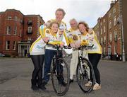 10 March 2011; Supporters of Cycle4haiti, Fair City actors Tom Jordan, who plays Charlie Kelly, and Bryan Murray, left, who plays Bob Charles, pictured with Isolde Moylan, left, Operations Manager at Soul of Haiti Foundation, and Aoife Davey, Marketing Manager, One4all, at the launch of the Bikes4work Cycle4haiti tv documentary, which will air on Setanta Sports on 17th March at 12.30pm. The documentary follows the trials and tribulations of over 80 amateur cyclists and supporters who travelled 225km from Dublin to Galway over two days in may last year. The documentary also features footage from Haiti of the work carried out by Irish charity the Soul of Haiti Foundation. Cyclists who took part in the inaugural fundraising cycle raised over €40,000 which went directly to the development of Soul of Haiti Foundation projects including the provision of a new roof for an orphanage in Il a Vache. The goal of Cycle4Haiti is to raise money for the Soul of Haiti Foundation and donations can be made directly to the cause by visiting www.cycle4haiti.com <http://www.cycle4haiti.com>. Cycle4Haiti TV Documentary Photocall, Mount Street, Dublin. Photo by Sportsfile