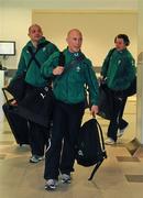 10 March 2011; Ireland's Peter Stringer, Rory Best, and Paddy Wallace arrive at Cardiff Airport ahead of their RBS Six Nations Rugby Championship match against Wales on Saturday. Cardiff Airport, Wales. Picture credit: Barry Cregg / SPORTSFILE