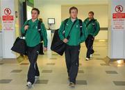 10 March 2011; Ireland's Eoin Reddin, Sean Cronin, and Sean O'Brien arrive at Cardiff Airport ahead of their RBS Six Nations Rugby Championship match against Wales on Saturday. Cardiff Airport, Wales. Picture credit: Barry Cregg / SPORTSFILE