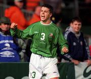 10 November 2001; Ian Harte of Republic of Ireland celebrates after scoring his side's first goal during the 2002 FIFA World Cup Qualification Play-Off Final First Leg match between Republic of Ireland and Iran at Lansdowne Road in Dublin. Photo by David Maher/Sportsfile