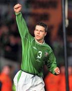 10 November 2001; Ian Harte of Republic of Ireland celebrates after scoring his side's first goal during the 2002 FIFA World Cup Qualification Play-Off Final First Leg match between Republic of Ireland and Iran at Lansdowne Road in Dublin. Photo by David Maher/Sportsfile