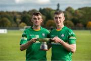 22 October 2016; Ireland's Seán Whelan, left, and Dion Wall with the cup after the 2016 U21 Hurling/Shinty International Series match between Ireland and Scotland at Bught Park in Inverness, Scotland. Photo by Piaras Ó Mídheach/Sportsfile