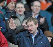 13 March 2011; An Taoiseach Enda Kenny T.D. waves as he takes his seat before the match. Allianz Football League, Division 1, Round 4, Mayo v Armagh, McHale Park, Castlebar, Co. Mayo. Picture credit: Brian Lawless / SPORTSFILE