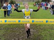 16 February 2011; Siofra Cleirigh Buttner, Colaiste Iosagain, celebrates winning the Intermediate Girls event at the Aviva Leinster Schools Cross Country. Santry Demesne, Santry, Dublin. Picture credit: Stephen McCarthy / SPORTSFILE