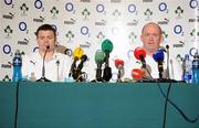 16 March 2011; Ireland head coach Declan Kidney, in the company of team captain Brian O'Driscoll, speaking during the squad team announcement ahead of their RBS Six Nations Rugby Championship game against England on Saturday. Ireland Rugby Squad Team Announcement, Fitzpatrick's Castle Hotel, Killiney, Co. Dublin. Picture credit: Brendan Moran / SPORTSFILE