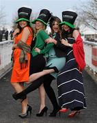 17 March 2011; Pictured from left, Laura Vailes, Adrienne White, Sophie Pilgram, all from Wexford Town, and Ellie O'Neill from Crossmolina, Co. Mayo, at the racing on St. Patricks Day. Cheltenham Racing Festival 2011, Prestbury Park, Cheltenham, England. Picture credit: Matt Browne / SPORTSFILE