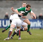 18 March 2011; John O'Brien, Ireland Club XV, is tackled by Dave Allen, left, and Sam Beaumont, England Counties. Ulster Bank Ireland Club International, Ireland Club XV v England Counties, Anglesea Road, Dublin. Picture credit: Brendan Moran / SPORTSFILE