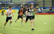 19 March 2011; Sean Lawlor, from Donore Harriers, Dublin, centre, beats Odran Byrne Gidea, North Sligo, left, to the line to win the U16 boys 60m final. Woodie’s DIY National Juvenile Indoor Championships, Meadowbank Indoor Arena, Magherafelt, Derry. Picture credit: Oliver McVeigh / SPORTSFILE