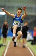 19 March 2011; Ryan Murray, from Bree AC, Wexford, in action during the U14 boys long jump final. Woodie’s DIY National Juvenile Indoor Championships, Meadowbank Indoor Arena, Magherafelt, Derry. Picture credit: Oliver McVeigh / SPORTSFILE