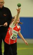 19 March 2011; Shannon Connell, from Lifford AC, Donegal, in action during the U12 girls Shot Putt final. Woodie’s DIY National Juvenile Indoor Championships, Meadowbank Indoor Arena, Magherafelt, Derry. Picture credit: Oliver McVeigh / SPORTSFILE