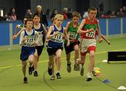 19 March 2011; Charles McDaid, Finn Valley AC, Co. Donegal, Denver Kelly, Finn Valley AC, Co. Donegal, Joe Dawson, Wesport, Co. Mayo, and Eoin Looney, Kilmurray Ibrickine AC, Co. Clare, in action during the U13 boys 600m final. Woodie’s DIY National Juvenile Indoor Championships, Meadowbank Indoor Arena, Magherafelt, Derry. Picture credit: Oliver McVeigh / SPORTSFILE
