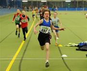 19 March 2011; Aaron McGlynn, from Finn Valley AC, Co. Donegal, crossing the finish to win the U12 boys 600m final. Woodie’s DIY National Juvenile Indoor Championships, Meadowbank Indoor Arena, Magherafelt, Derry. Picture credit: Oliver McVeigh / SPORTSFILE