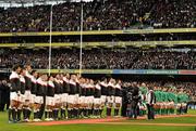 19 March 2011; The England and Ireland teams stand for the national anthems. RBS Six Nations Rugby Championship, Ireland v England, Aviva Stadium, Lansdowne Road, Dublin. Picture credit: Brendan Moran / SPORTSFILE