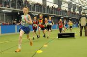 19 March 2011; Darragh Lowth, from St. Brendans, Co. Offaly, leads after the bell in the U12 boys 600m final. Woodie’s DIY National Juvenile Indoor Championships, Meadowbank Indoor Arena, Magherafelt, Derry. Picture credit: Oliver McVeigh / SPORTSFILE