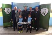 4 November 2016; FAI Football Development Officer Barry McGann, centre, with, from left, FAI CEO John Delaney, Mayor of Limerick City and County Kieran O’Hanlon, Minister of State Patrick O’Donovan, Limerick City and County Council Chief Executive Conn Murray with Sadhbh McNamara and Alex Hogan, from the under-10's Rathkeale AFC team, at the appointment of  FAI Football Development Officer Barry McGann in Limerick County. Rathkeale, Limerick. Photo by Matt Browne/Sportsfile