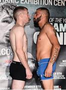 4 November 2016; Boxers Paddy Barnes, left, and Stefan Slachev during a Titanic Belfast Boxing Weigh-In at the Titanic Exhibition Centre in Belfast. Photo by Oliver McVeigh/Sportsfile