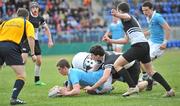 20 March 2011; Charlie Creegan, St. Michael’s College, scores his side's first try despite the attentions of Paddy Kyne, Newbridge. Powerade Schools Junior Cup Semi-Final, Newbridge v St. Michael’s College, Donnybrook Stadium, Donnybrook, Dublin. Picture credit: Brian Lawless / SPORTSFILE