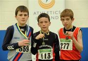 19 March 2011; Competitors, from left to right, Shane Mullins, Dundrum South Dublin, 2nd place, David McDonald, Menapiansl, 1st place, and Cathal Locke , Dooneen, 3rd place, with their medals after the U13 Boys Long Jump. Woodie’s DIY National Juvenile Indoor Championships, Meadowbank Indoor Arena, Magherafelt, Derry. Picture credit: Oliver McVeigh / SPORTSFILE