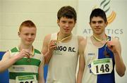 19 March 2011; Competitors, from left to right, Cian Green, Youghal AC, 2nd place, Zak Irwin, Sligo AC, 1st place, and Dean Power, Tullamore Harriers, 3rd place, with their medals after the U16 Boys 60m. Woodie’s DIY National Juvenile Indoor Championships, Meadowbank Indoor Arena, Magherafelt, Derry. Picture credit: Oliver McVeigh / SPORTSFILE
